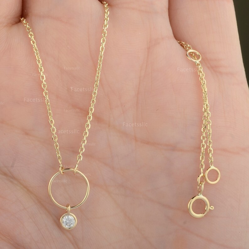 14K Gold Circle Necklace With Bezel Set Diamond/ Natural Simple