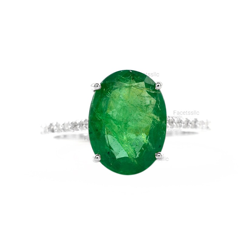 Oval Emerald Engagement Ring, Certified AAA Real Zambia Emerald Diamond