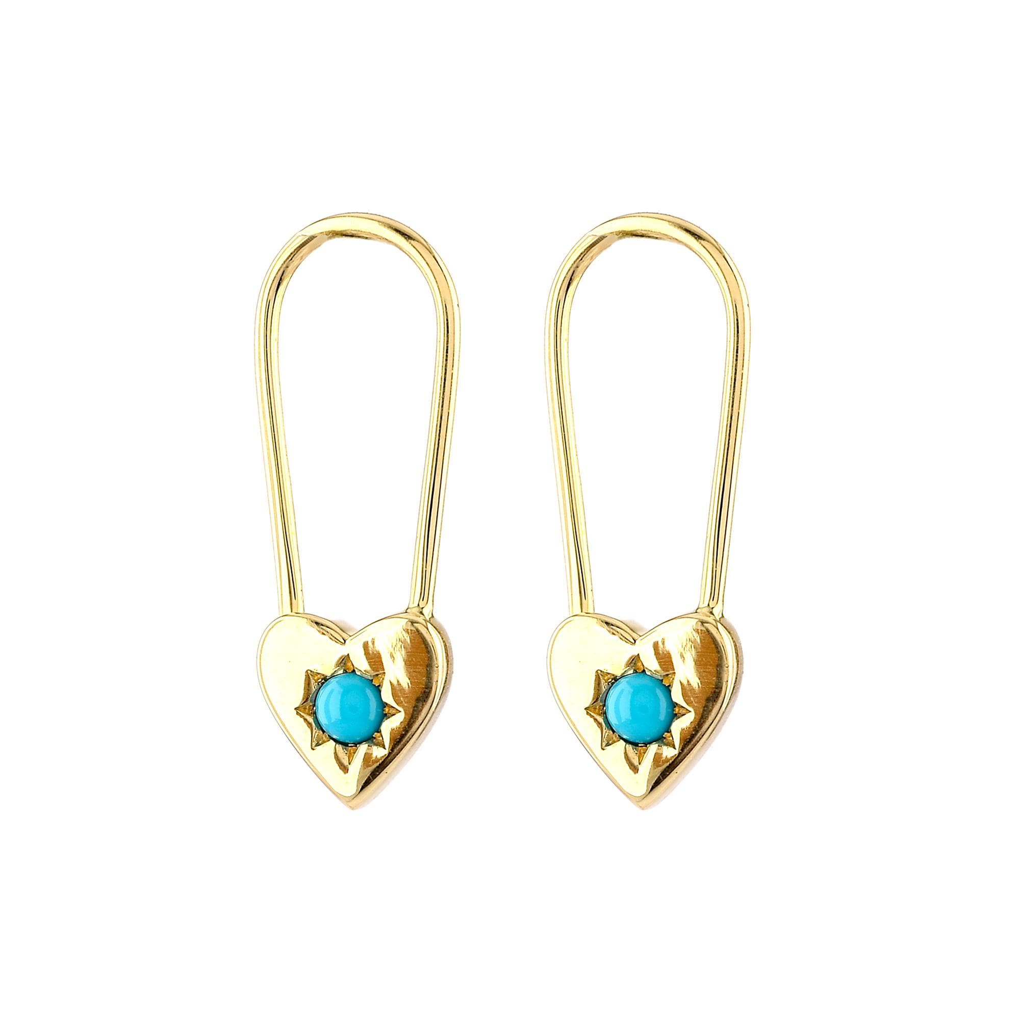 Turquoise Gold Earrings, Solid 14K Gold Earrings, Safety Pin Earrings, Minimalist Gold Earrings, Turquoise Drop Earrings, Handmade Earrings.