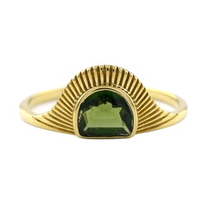 Half Sun Ray Ring/ Simple Gemstone Ring/ Genuine Green Tourmaline Ring/ Gold Sun Ring/ Statement Ring/ 14K Gold Solid Ring For Gift