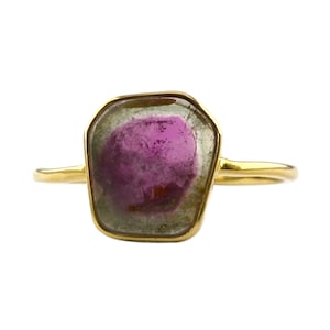 Natural Watermelon Tourmaline Ring, Solid 18K Yellow Gold Ring, Handmade Minimalist Ring, Dainty Solitaire Ring, Christmas Gifts, Women Ring
