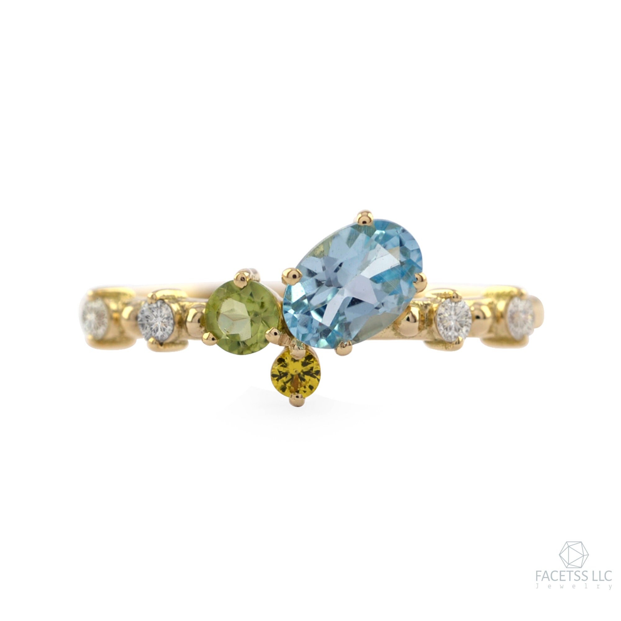 Bague avec diamants véritables et pierres précieuses, or jaune massif 18 carats, alliance avec pierres de couleur, bague de fiançailles multi pierres, cadeau pour la fête des mères