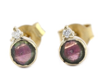 Watermelon Tourmaline Diamond Stud Earrings: 14K Yellow Gold Handmade Jewelry
