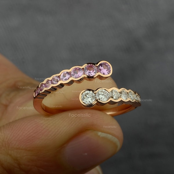 Genuine Sapphire Diamond Ring/ Solid 14K Rose Gold Bypass Ring/ Open Design Pink Sapphire Diamond Crossover Ring/ September Birthstone Ring