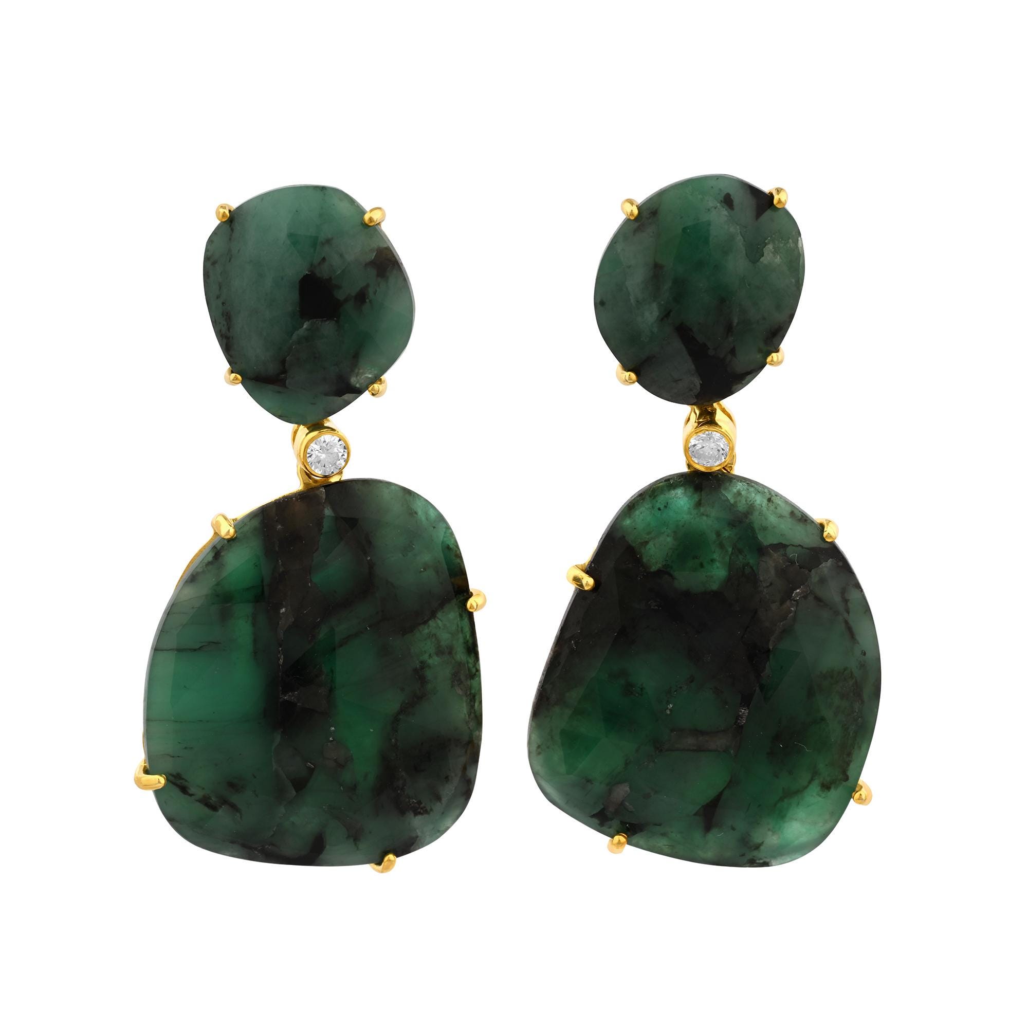 Natural Unshaped Emerald Diamond Dangle Earrings, Solid 14K Yellow Gold ...