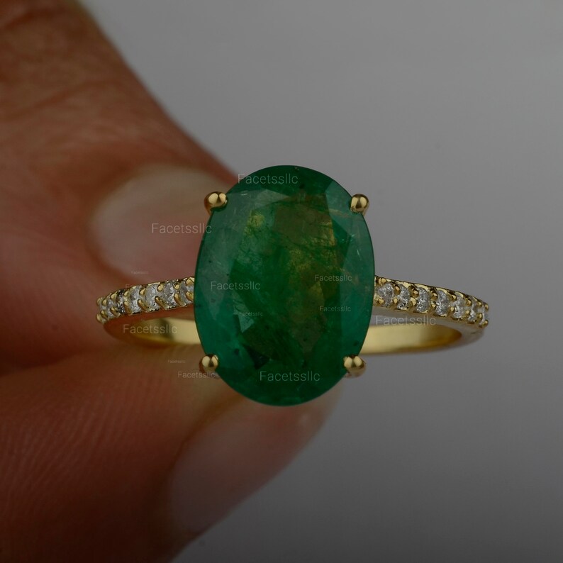 Oval Emerald Engagement Ring, Certified AAA Real Zambia Emerald Diamond