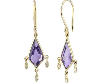Genuine Amethyst Dangle Earrings, 14K Solid Gold Amethyst Diamond Kite Earrings, Minimalist Tassel Dangle Gold Earrings, February Birthstone