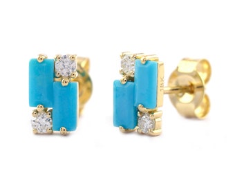 Turquoise Diamond Stud Earrings: 18K Yellow Gold Dainty Gemstone