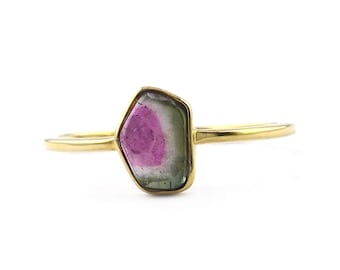 18K Gold Watermelon Tourmaline Ring: Handmade Unshaped Gemstone Jewelry