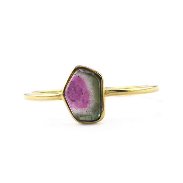 14K Solid Gold Ring Genuine Earth Mined Bio Color Watermelon Tourmaline Ring Unshaped Gemstone Jewelry