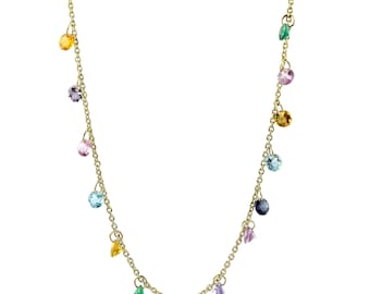May include: A gold chain necklace with colorful gemstone charms. The necklace features a variety of round and triangular gemstones in shades of blue, green, pink, yellow, and purple.