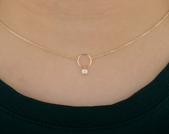 14K Gold Circle Necklace With Bezel Set Diamond/ Natural Simple Dangling Diamond Necklace/ Open Circle Necklace/ Perfect Gift For Her