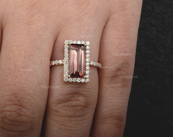 Förlovningsring med naturlig rosa turmalin-diamant, massivt 14K eller 18K guld, oktober månadssten