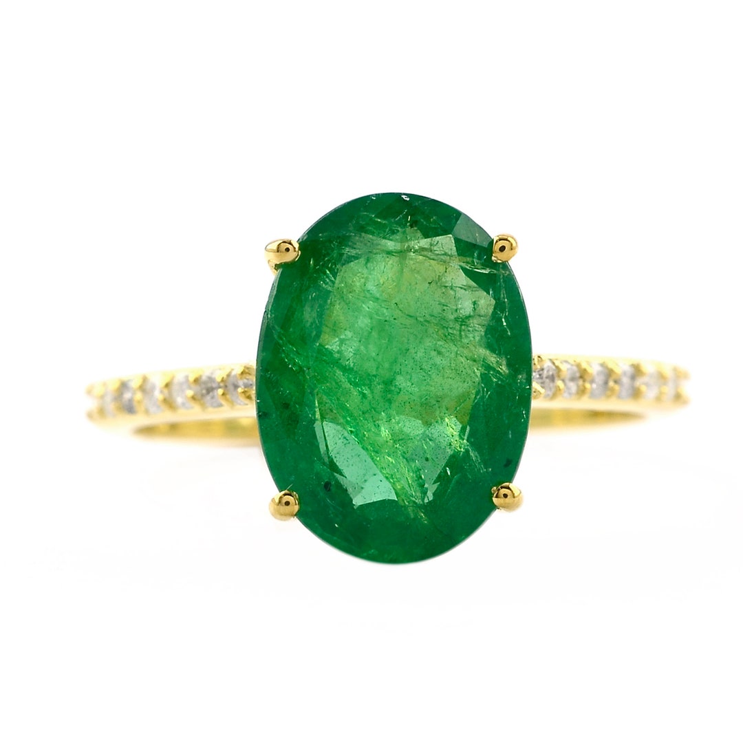 Oval Emerald Engagement Ring, Certified AAA Real Zambia Emerald Diamond ...
