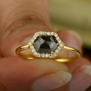 Vintage Geometric Engagement Ring, Hexagon Salt and Pepper Diamond Ring, 14K Solid Gold Ring, Natural Rustic Diamond Ring, Wedding Gold Ring