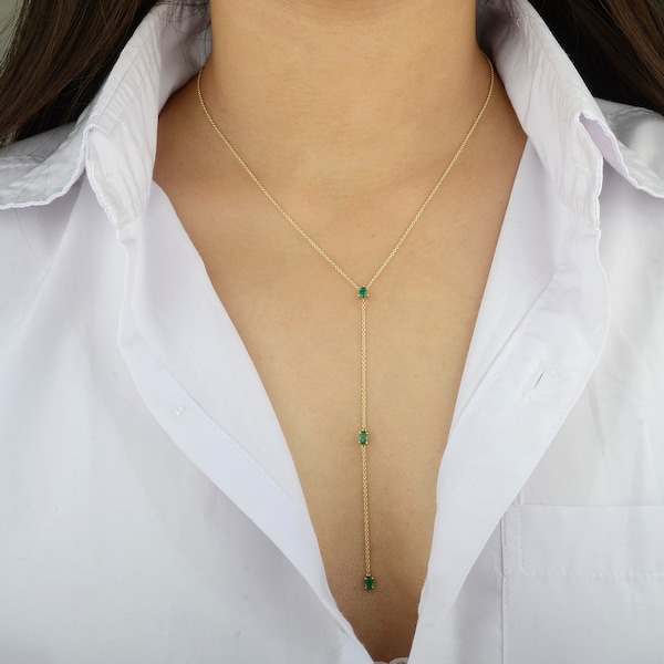 Zambian Emerald Lariat Necklace | 14K Gold Y Necklace | Genuine Pear & Oval Cut Emerald Necklace | May Birthstone Jewelry | Push Present