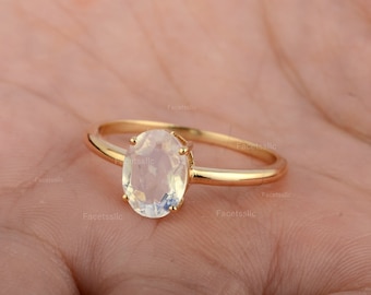 Handmade 14K Solid Gold Rainbow Moonstone Ring: June Birthstone