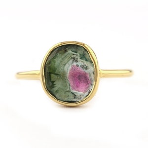 Natural Watermelon Tourmaline Gold Ring, Solid 14K Yellow Gold Statement Ring, Solitaire Tourmaline Gold Ring, October Birthstone Jewelry