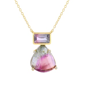 Bio Tourmaline Diamond Necklace, Solid 14K Rose Gold Necklace, Genuine Watermelon Tourmaline Necklace, One of a Kind Rare Stone Necklace.