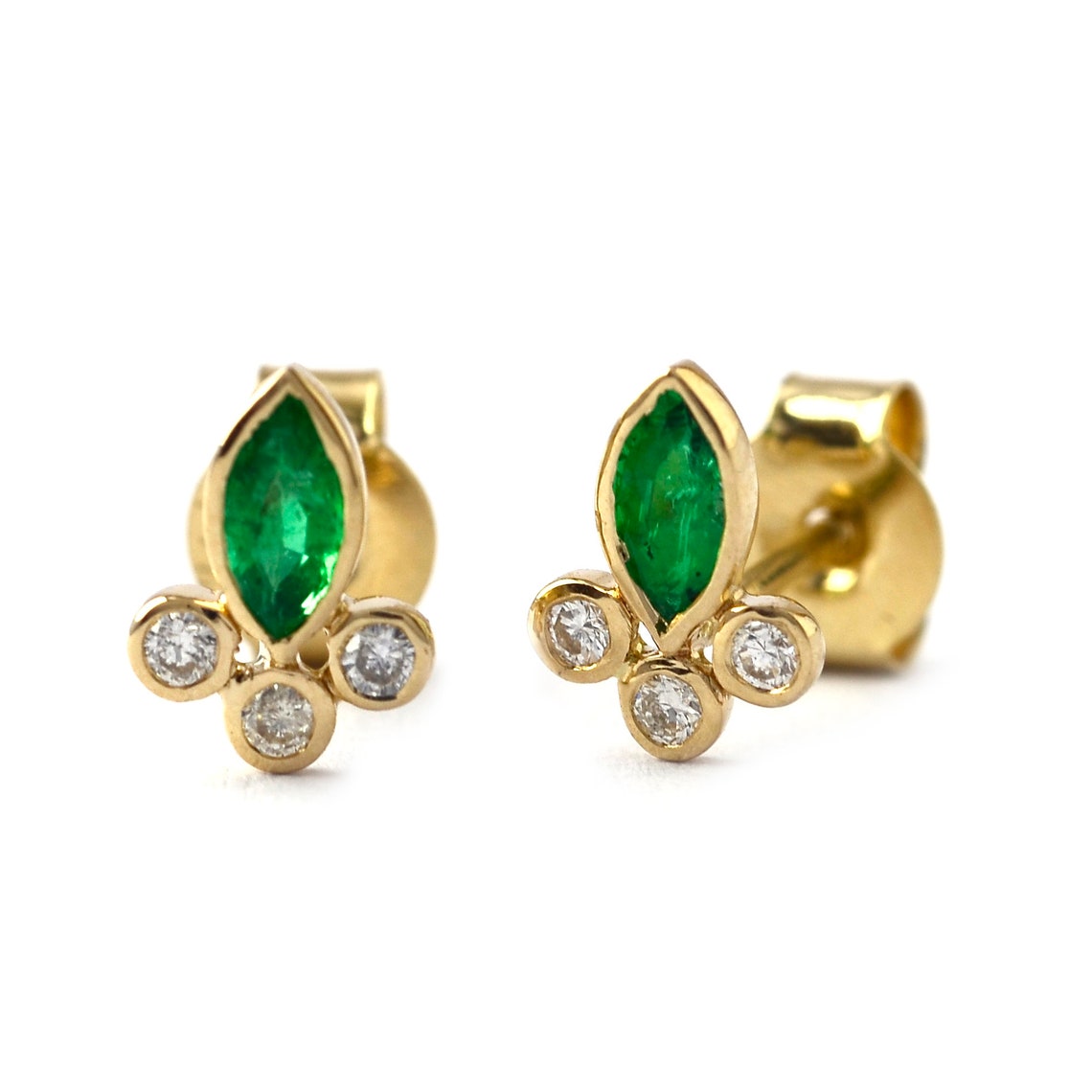 Genuine Emerald Stud Earrings/ Bezel Set Emerald Diamond Studs in 14K