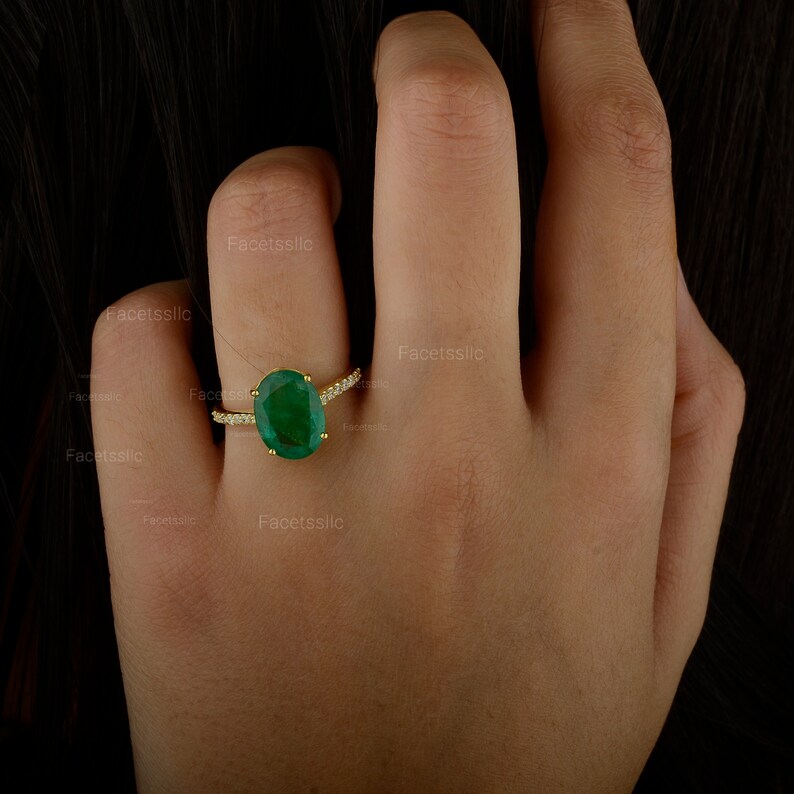 Oval Emerald Engagement Ring, Certified AAA Real Zambia Emerald Diamond