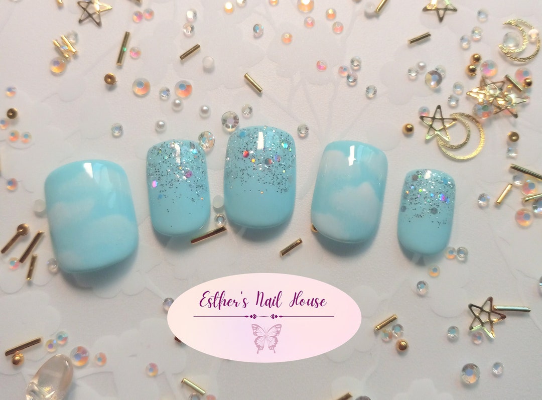 Sky Blue Press on Nails, Baby Blue Cloud Nails, Light Blue, Short, Long, Ballerina, Almond, Gift