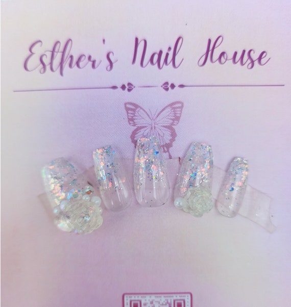 Clear Iridescent Glitter Press on Nails, Flower Charms, Long, Short,  Ballerina, Almond, Korean Nail Design, Acrylic, Summer, Coquette Nails 