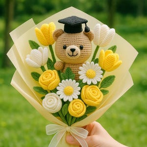 Abschluss-Blumenstrauß häkeln, Blumenstrauß Amigurumi, gestrickter Blumenstrauß-Dekor, handgemachtes gehäkeltes Geschenk, Jahrestag / graduierter Geschenk