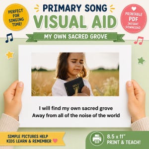 May include: A printable visual aid for a song titled My Own Sacred Grove. The document features a photograph of a child holding a black Holy Bible in a field, with the text: I will find my own sacred grove, Away from all of the noise of the world.
