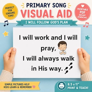 May include: A white rectangular paper featuring the black text I will work and I will pray, I will always walk in His way. The paper includes a cartoon illustration of a person with hands together in prayer and black footprint icons.