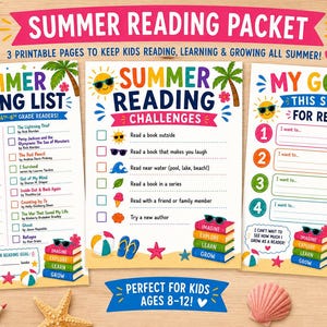 Könnte beinhalten: Ein dreiseitiges, ausdruckbares Sommer-Lesepaket mit einer Leseliste, Herausforderungen und Zielsetzungsblättern. Die Seiten sind mit bunten Illustrationen von Palmen, Sonnenbrillen, Strandbällen und Bücherstapeln mit Text verziert.