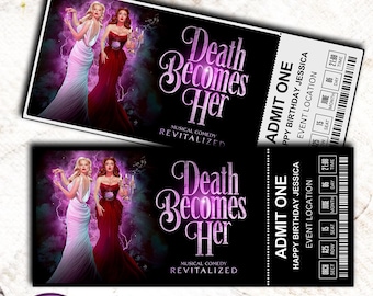 Afdrukbaar ticket voor de dood wordt haar muziektheater, gepersonaliseerde cadeau-onthulling, bewerkbaar West End, Broadway souvenir aandenken, canva downloaden