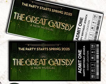 Afdrukbaar The Great GATSBY-muziektheaterticket, gepersonaliseerde cadeau-onthulling, bewerkbaar West End, Broadway Souvenir Keepsake, Canva downloaden