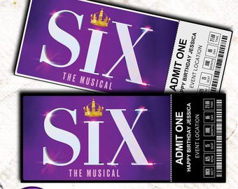Afdrukbaar SIX-muziektheaterkaartje, gepersonaliseerde cadeau-onthulling, bewerkbaar West End, Broadway Souvenir Keepsake, Canva Instant Download