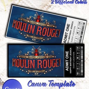 Puede incluir: Plantilla de boleto digital en dos colores, con "Moulin Rouge! The Musical" en rojo, con una ilustración de molino de viento. Incluye el texto "Admit One" y "Canva Template".