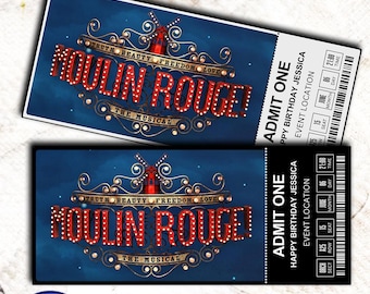 Afdrukbaar MOULIN ROUGE-ticket muziektheater, gepersonaliseerde cadeau-onthulling, bewerkbaar West End, Broadway Souvenir Keepsake, Canva downloaden