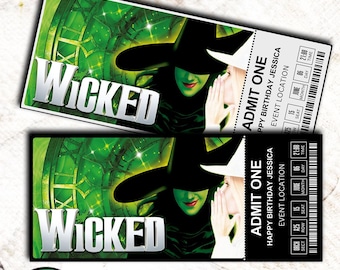 Afdrukbaar ticket Wicked Musical Theatre, gepersonaliseerde cadeau-onthulling, bewerkbaar West End, Broadway Souvenir Keepsake, Canva Instant Download
