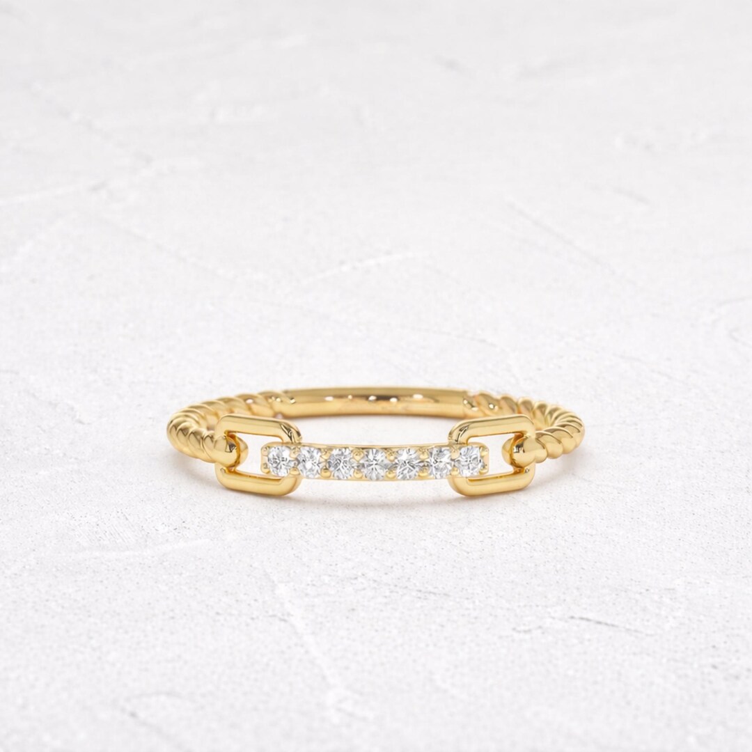 14K Gold Rope Braid Stack Ring With Micro Pave Diamonds - Handcrafted ...