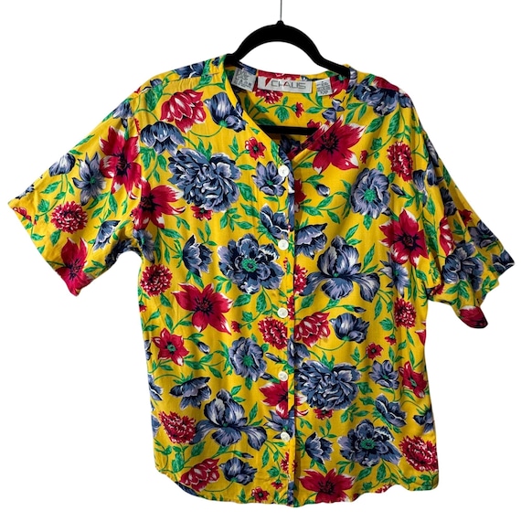 Chaus Womens Blouse Medium Size Multicolor Floral Button-up Rayon