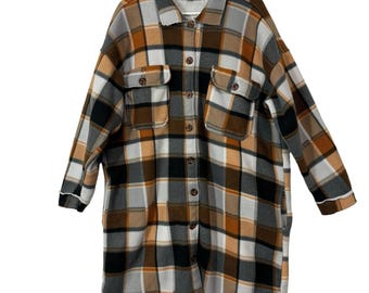 Taxi Shacket Jacket 2X Plaid Sherpa-Lined Button-Up Flannel Coat