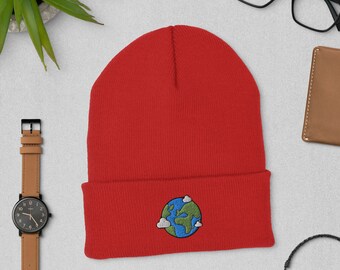 Cartoon Earth Design Cuffed Beanie - Unisex Turbo Acrylic