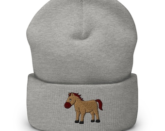 Embroidered Horse Cuffed Beanie, Acrylic Knit Cap