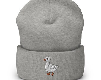 Duck Embroidered Cuffed Beanie, Unisex Acrylic Knit