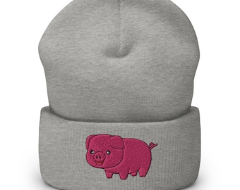 Pig Embroidered Cuffed Beanie, Unisex Acrylic Knit