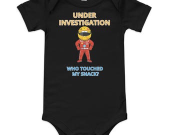 Under Investigation Baby Bodysuit, Who Touched My Snack? Funny Baby One Piece, Racing Fan Baby Gift, Baby Shower Gift, New Parent Outfit