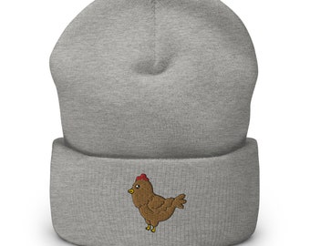 Chicken Embroidered Cuffed Beanie, Unisex Acrylic Knit