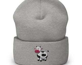 Cow Embroidered Cuffed Beanie - Unisex Acrylic Knit