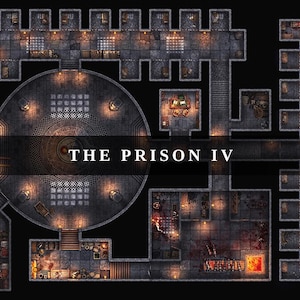 Può includere: Vista dall'alto dettagliata di una mappa del dungeon intitolata "THE PRISON IV". La mappa presenta una grande camera circolare, corridoi multipli, celle e stanze, il tutto reso in tonalità di grigio e marrone con illuminazione calda.