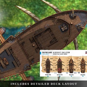 K&ouml;nnte beinhalten: Detaillierte Draufsicht-Illustration eines Luftschiffs, der Skyblade Airship Galleon, mit einem Holzdeck und verschiedenen Decks. Das Bild enth&auml;lt ein Deck-Layout-Diagramm und den Text "Includes Detailed Deck Layout".