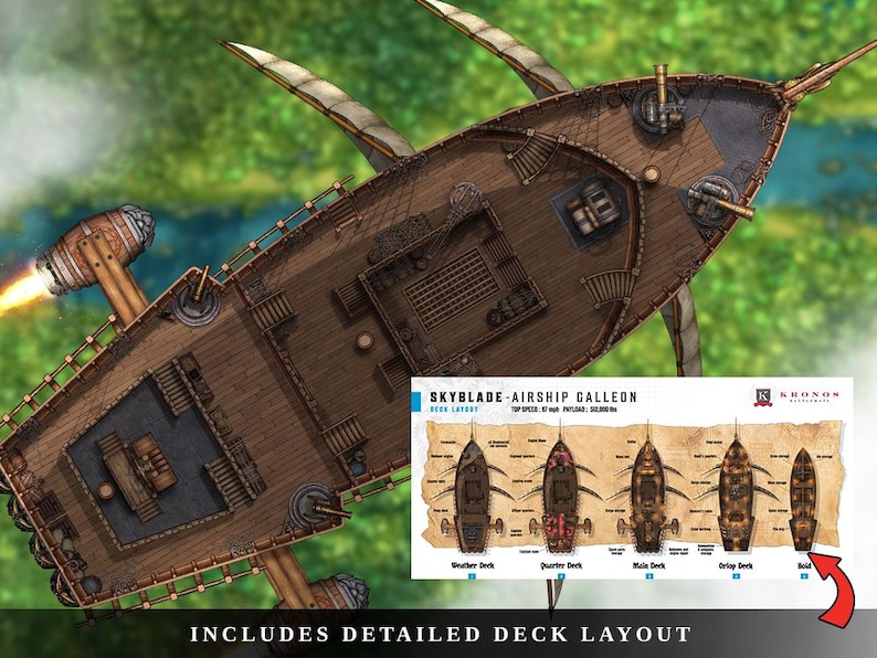 K&ouml;nnte beinhalten: Detaillierte Draufsicht-Illustration eines Luftschiffs, der Skyblade Airship Galleon, mit einem Holzdeck und verschiedenen Decks. Das Bild enth&auml;lt ein Deck-Layout-Diagramm und den Text "Includes Detailed Deck Layout".